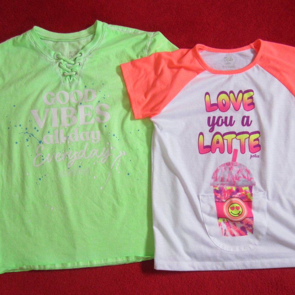 Lot 2 Girl's JUSTICE Tops Size 12 Solid Green Tee - Multi Color Sleep Top